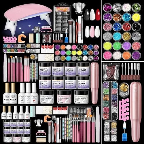 PEACECOLOR 224PC Acrylic Nail Kit with Dirll, 11 Colors Red White Pink Acrylic Powder Set with Gel Polish Nails Kit for Beginners with Everything Home DIY Salon Manicure Tools for Women - Image 1