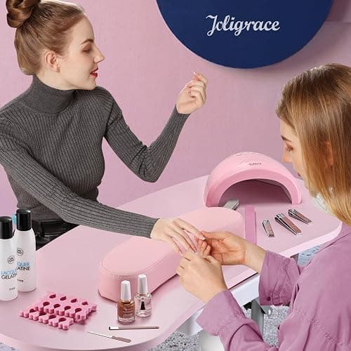 Joligrace Professional Foldable & Portable Manicure Table Nail Technician Desk Workstation 4 Lockable Wheels with Drawer Client Wrist Pad Free Carrying Bag Travel Nail Tech Spa Beauty Table Pink thumbnail 2