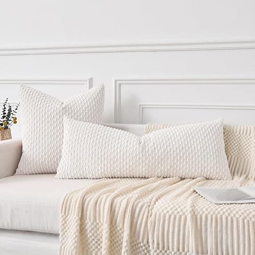 Kevin Textile 12x20 Inch Pillow Cover 1 Pack Boho Christmas Decorative Soft Striped Corduroy Lumbar Farmhouse Color Accent Rectangle Cushion Case for Living Room Couch Sofa Bed, Pure White thumbnail 5
