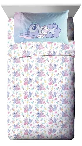 Jay Franco Disney Lilo and Stitch Twin Size Comforter Set - 5 Piece Floral Bedding Includes Sheet Set & Pillow Covers Features Angel - Super Soft Purple & Teal Stars Kids Bedding thumbnail 8