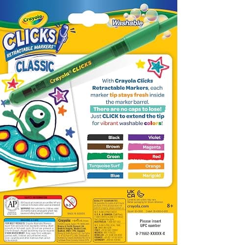 Crayola Clicks Retractable Tip Markers (10ct), Stocking Stuffers for Kids & Toddlers, Cone Tip Washable Art Marker Set, Coloring Book Supplies, No Dry, 3+ thumbnail 5