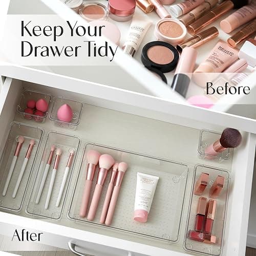 KICHLY Pack of 25 Clear 4 Sizes Makeup Drawer Organiser set, Acrylic Organization Plastic Storage Organiser tray for Bathroom, Vanity, Office Desk, kitchen, Bedroom thumbnail 6