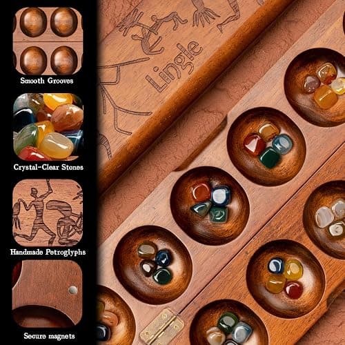 Lingle Deluxe Mancala Set: Real Wood Hinged Board with 48 Natural Multicolor Stones - Authentic African Petroglyphs, Foldable Design for 2-Player Strategy Game thumbnail 5
