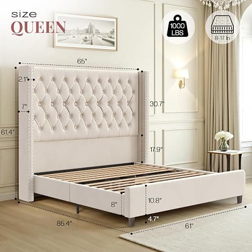 PaPaJet Queen Size Bed Frame with 61.4" Tall Headboard, Velvet Modern Upholstered Tufted Bed for Adults, Handmade Deep Button Tufting, Solid Wood Legs, No Box Spring Required, Cream thumbnail 2