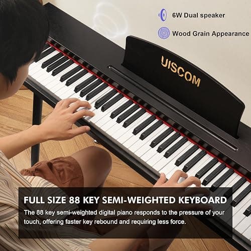 UISCOM Digital Piano Keyboard for Beginners,Full Size 88 Key Semi-Weighted Keyboard Electric Piano with Stand,Power Adapter,Sheet Music Stand,Pedal,Headphone,USB-MIDI Compatibility,Wood Black thumbnail 2