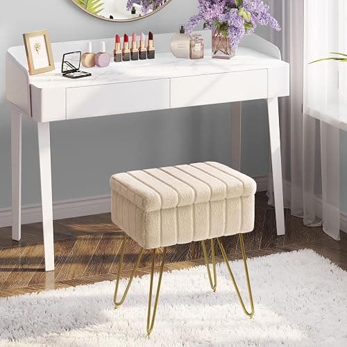 Greenstell Vanity Stool Chair Faux Fur with Storage, 19.4" H x 15.7" L x 11.8" W Soft Ottoman 4 Metal Legs with Anti-Slip Feet, Furry Padded Seat, Modern Multifunctional Chairs for Makeup, Bedroom thumbnail 2