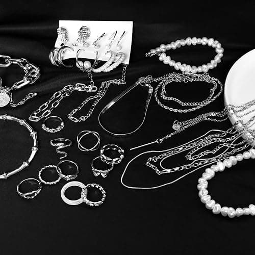 34 Pcs Silver Jewelry Set for Women Layered Bracelets Ball Dangle Hoop Earrings Stackable Knuckle Rings Set Dainty Adjustable Necklaces Valentine Anniversary Trendy Party Costume Accessories Jewelry thumbnail 3