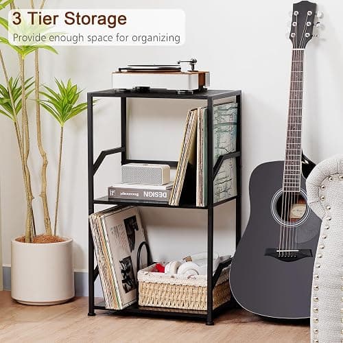 LOAKEKEL Record Player Stand, Vinyl Record Storage Up to 200 Albums, 3 Tier End Table with Removable Dividers, Tall Side Table for Living Room, Bedroom, Black, HETCD010BK1 thumbnail 4
