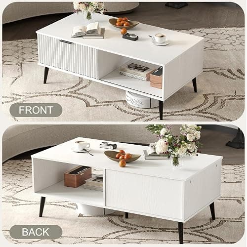 41.34''D Coffee Table, 2-Tiers Farmhouse Coffee Tables With Storage and Sliding Wave Pattern Door, Modren Tea Table, Wooden Dining Center Tables for Living Room, Office, Bedroom, Outdoors, White - White thumbnail 5