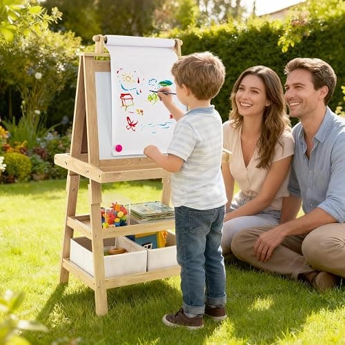 HONEY JOY Art Easel for Kids, 3-in-1 Double-Sided Wooden Toddler Easel w/Magnetic White Board & Chalkboard, Paper Roll, 2 Storage Bins, Painting Dry Erase, Kids Easel for Boys Girls Aged 3+ (Natural) thumbnail 9