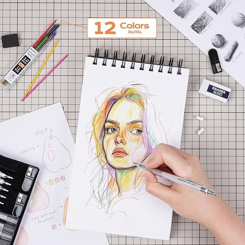 Nicpro Metal Mechanical Pencil Set, 5 PCS Art Drafting Pencils 0.3, 0.5, 0.7, 0.9 mm & 2mm Graphite Lead Holder For Sketching Drawing With 9 Tubes (4B 2B HB 2H Colors) Lead Refills Erasers Case thumbnail 2