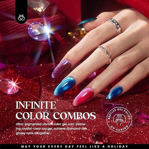 Beetles Winter Gel Nail Polish 20 Winter Colors Cat Eye Gel Polish Set Gift Spree Burgundy Red Purple with Magnet Pen Base Top Coat DIY Salon Manicured Soak Off UV LED Gifts for Women Gemstone Party thumbnail 3