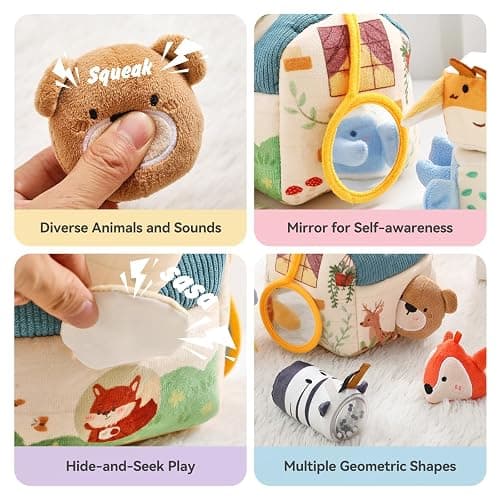 Youuys Travel Sensory Toys for Babies 6-12 Months & Toddlers 1-3 Year Old On-The-Go Montessori Soft Stuffed Animal Set with Crinkle, Rattle, Safe Mirror Educational for Kids Boy Girl thumbnail 7