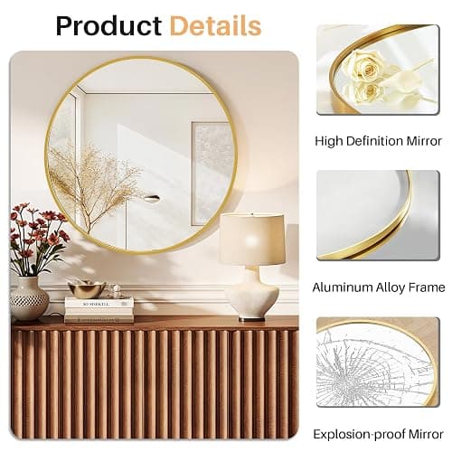 Bathroom Mirror for Wall, 24 Inch Round Mirror, Matte Gold Metal Framed Circle Vanity Mirror for Bathroom Bedroom Living Room Entryway, Anti-Rust, Tempered Glass, Hanging or Leaning thumbnail 4