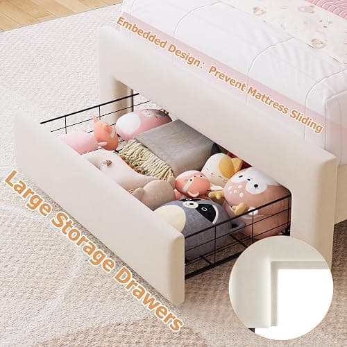 Twin Upholstered LED Bed Frame with Storage Drawer and Adjustable Chic Double Wavy Headboard, Velvet Princess Platform Bed for Kids/Girls, Solid Wood Slats Support, No Box Spring Needed, Beige thumbnail 4