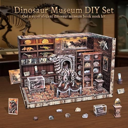 FLYINTOYS Book Nook Kit, DIY Miniature Dollhouse Booknook Kit for Adults and Teens, 3D Wooden Puzzle Bookshelf Crafts Kits with LED Light for Family and Friends (Dinosaur Research Institute) thumbnail 6