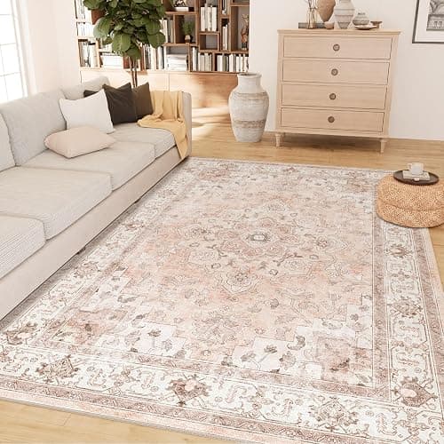 CAPALOCA Machine Washable 5x7 Area Rugs for Living Room Vintage Carpet Non Slip Low Pile Water Repellent Soft Print Pattern for Bedroom Indoor Decor Polyester Rug Pink - Pink - 5x7 thumbnail 2