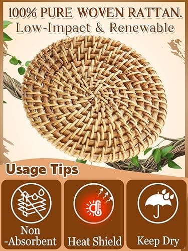 6pcs Natural Handmade Rattan Coasters with Holder - Wicker Drink Coasters Set, Housewarming Gifts Boho Summer Home Coastal Decor thumbnail 3