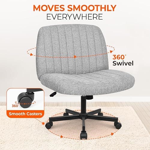 Orange Factory Criss Cross Chair Wheels Wide Cross Legged Office Desk Vanity Chair Comfy Fabric Armless Adjustable Swivel for Home Computer Task (Gray) thumbnail 5