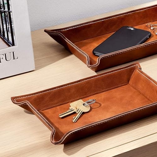 Navaris Faux Leather Valet Tray Set of 2 - Catch All Tray for Key Entryway Table Nightstand - Catchall for Keys Watch Remote Phone - Valet Storage for Men - Mens Storage Dish thumbnail 4