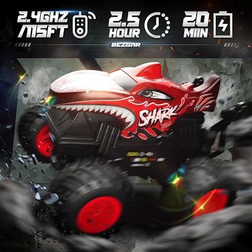 BEZGAR Monster Truck Toys - Remote Control Monster Truck with Light & Music, Dinosaur Toys for Kids, 1:20 Scale RC Truck with 360° Spins and Drifting, Remote Control Car for Boys 4-7 Red thumbnail 3