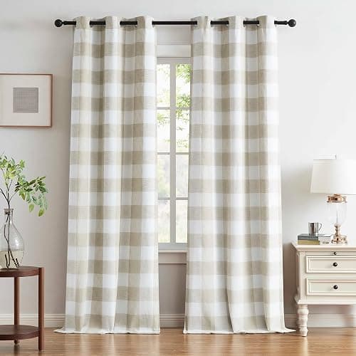 Buffalo Plaid Full Blackout Window Curtains 84 Inches Long Checkered Grommet Panels Farmhouse Geo Energy Efficient Drapes Noise Reducing Thermal Window Treatment Set for Bedroom Tan White,40"x84"x2 thumbnail 3