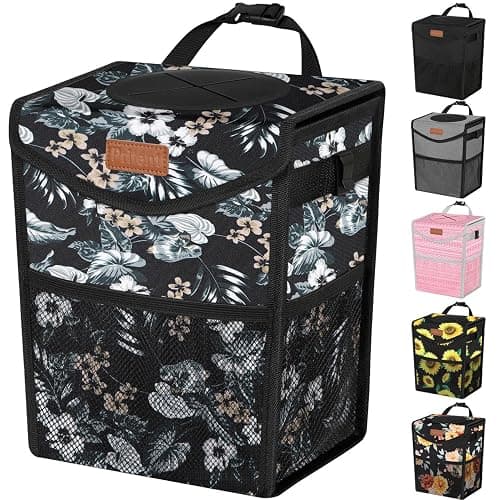 Pritent Car Trash Can with Lid, Cute Leakproof Car Trash Garbage Bag Hanging Vehicle Trash Bin Small Portable Automotive Garbage Cans Organizer for Back/Front Seat(Trapezoid,Black with Lily Print) - Image 1