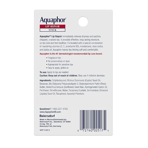 Aquaphor Lip Repair Stick, Moisturizing Lip Balm Pack, Relieves Dryness, Holiday Gifts for Self Care, 0.17 Oz Stick, Pack of 2 thumbnail 11