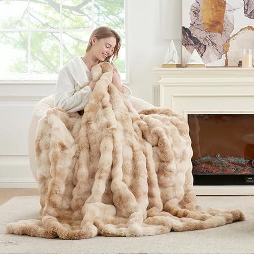Cozy Bliss Faux Fur Throw Blanket for Couch, Fuzzy Soft Plush Thick Bubble Blanket for Sofa Bedroom Living Room, 50 * 60 Inches Tie-dye Beige thumbnail 2