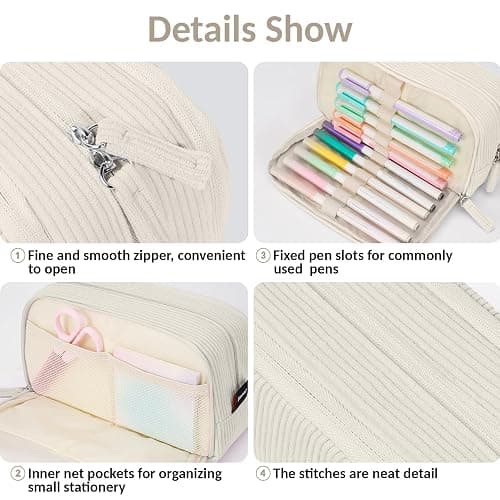 Sooez Big Capacity Pencil Case Pen Pouch, Soft Corduroy Pencil Bag with 3 Compartment, Multiple Pockets, Sturdy Zipper, Cute School Supplies Pen Bag Organizer For Teen Girls College, Beige thumbnail 6