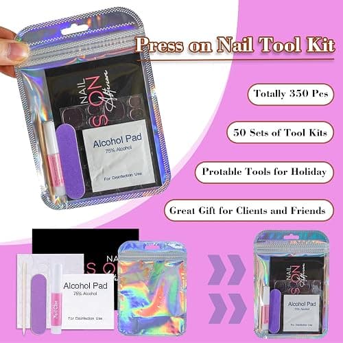 Press On Nail Tool Kit for Nail Business, Nail Prep Application Disposable Kit with Nail File, Nail Glue, Prep Pads, Instruction Card, Adhesive Nail Tabs, Wood Stick, Holographic Bag (50pcs in purple) thumbnail 2