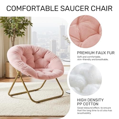 YSSOA Saucer Chair, Comfy Faux Fur Chair for Bedroom, Saucer Chairs for Adults, Teens, Round Shaped Moon Chair with Foldable Metal Frame, Pink thumbnail 4