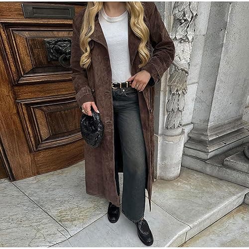 utcoco Womens Faux Suede Long Trench Coat Notched Lapel Double Breasted Pea Coat Overcoat with Belt thumbnail 8