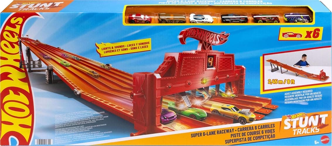 Hot Wheels Toy Car Playset with Lights, Sounds & 6 1:64 Scale Vehicles, Super 6-Lane Raceway, 8-foot Track that Rolls Up for Storage (Amazon Exclusive) thumbnail 6