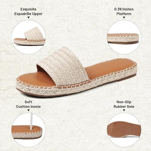 Tscoyuki Womens Flat Sandals Dressy Summer Slip On Resort Womens Sandals Raffia Beach Sandals Open Toe Espadrille Slides thumbnail 5