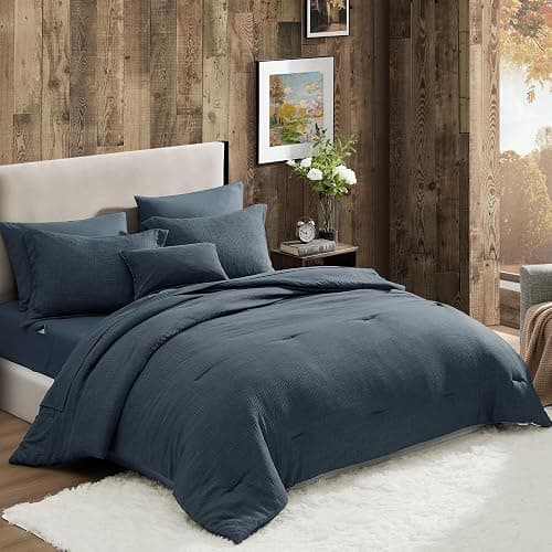 Geniospin Twin Comforter Set - 5 Pieces Comforter Twin Size, Solid Bedding Sets for All Season, Textured Bed in a Bag with Flat Sheet and Fitted Sheet, Pillowcases and Shams (Navy Blue, 66''x86'') thumbnail 9