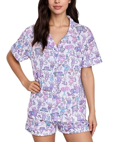 Zuafy Women’s Pajamas Set 2 Piece Pjs Monkey Cute Short Sleeve Notch Collar | Y2k Matching Set, Lightweight Soft, Button Down with Pocket, Sleepover Daily Lounge for Summer Beach Vacation Holiday Gift - Image 1