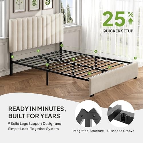 Welzona Full Upholstered Bed Frame with Headboard, Velvet Upholstered Metal Platform Bed with Vertical Channel Tufted Headboard, 3-Level Height, Metal Slat Support, Noise-Free Easy Assembly, White thumbnail 5