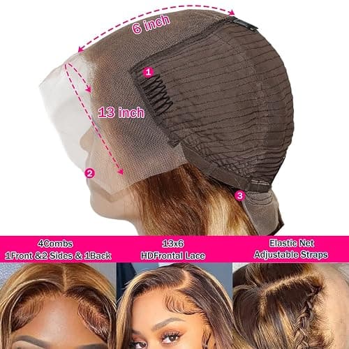 QUANDIAN 28 Inch 13x6 Body Wave Highlight Ombre Lace Front Wig Human Hair 13x6 HD Lace Front Wigs Human Hair 180% Density P4/27 Colored Wigs Honey Blonde Glueless Wigs Human Hair Pre Plucked Pre Cut thumbnail 7