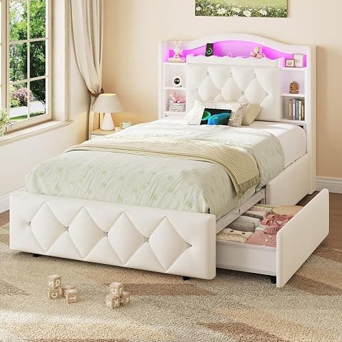 DICTAC Twin Size Bed Frame for Kids with Storage Drawers, Bookcase Headboard, LED Lights and Power Outlets, Diamond Tufted Velvet Upholstered Princess Platform Bed, Heavy-Duty Metal Support, Beige thumbnail 9
