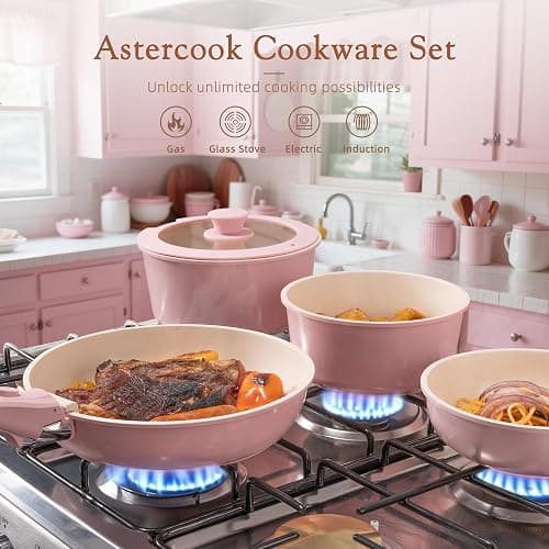 Astercook 21 Pcs Pots and Pans Non Stick Ceramic Cookware Set, Detachable Handles, RV Kitchen Cooking Set, Oven Safe, Induction Ready, Stackable, Pink thumbnail 3