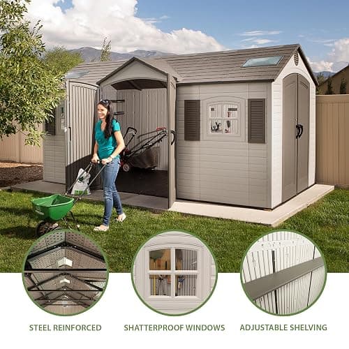 Lifetime 15×8 Ft Dual‑Entry Outdoor Storage Shed, Steel‑Reinforced, UV‑Protected, Weather‑Resistant Backyard Garden Shed with Skylights, Windows & Shelving, Desert Sand thumbnail 5