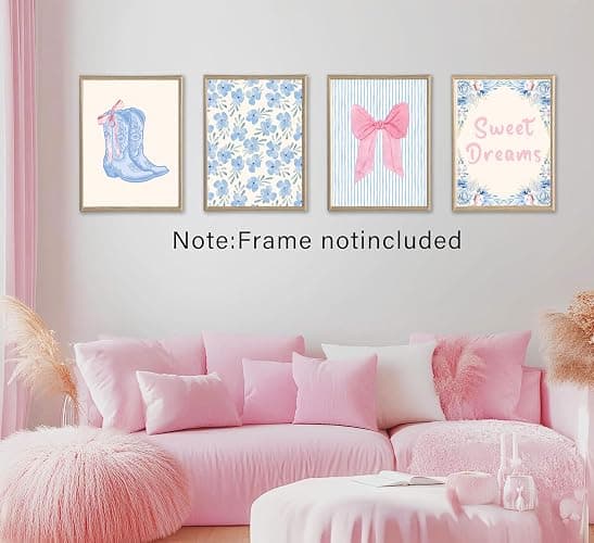 4pcs Trendy Preppy Wall Art Pink Bow Boots Blue And White Stripes pictures wall decor Sweet Dreams Blue Flowers Posters Prints Artwork for Home Bedroom Dorm Home Decration 8x10in Unframed thumbnail 4