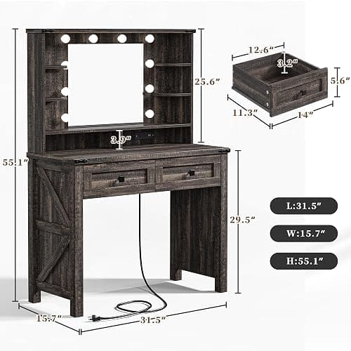 EnHomee Small Vanity Desk with Mirror and Lights, Makeup Vanity with Storage Drawer, Wooden Vanity Desk with Charging Staion for Women's Bedroom, Small Space, Dark Oak thumbnail 2