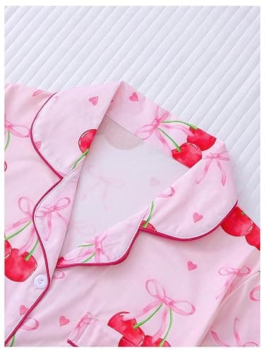 WDIRARA Women's 2 Piece Bow Cherry Print Pajama Set Short Sleeve Button Down Shorts Sleepwear Pjs thumbnail 4