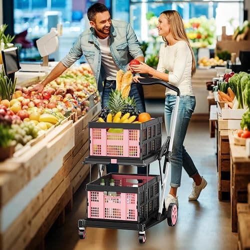 DKENICOR 8-in-1 200LBS Collapsible Shopping Cart, Multi Functional Utility Cart with 2 Storage Crate,Adjustable Handle Grocery Cart on Wheels for Shopping, Warehouse, Office, Supermarket, Pink thumbnail 2