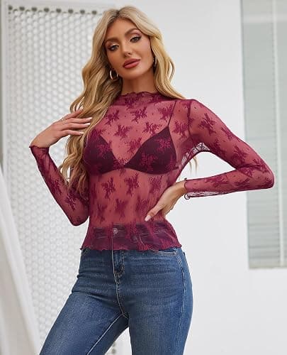 siliteelon Lace Tops for Women Mesh Long Sleeve Top Sheer Lace Shirt Floral Mock Neck Party Club Lace Undershirt thumbnail 3