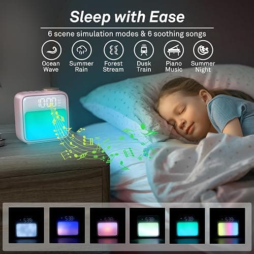 AIRIVO Alarm Clock Night Lights, Rechargeable Alarm Clock for Bedrooms, 6 Scenes & White Noise Sync, Dual Alarms & Snooze, for Heavy Sleepers, Gifts for Kids Teens (Pink) thumbnail 5