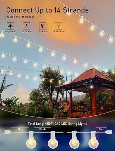 Goothy 50Ft Outdoor LED String Lights with 52 Shatterproof G40 LED Clear Globe Bulbs, Edison Vintage Bulbs E12 Base Hanging Sockets, Decorative Lighting for Café Patio Porch Party Yard Christmas-White thumbnail 2