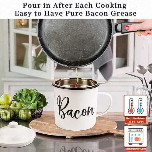 Bacon Grease Container with Strainer - With Food-Grade Silicone Spatula , 46oz Large Enamel Rustic Farmhouse Fat Container , Keeper , Recipes , Dishwasher Safe thumbnail 5